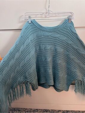 Willow Dusty Blue Cable-Knit Fringe Poncho Sweater